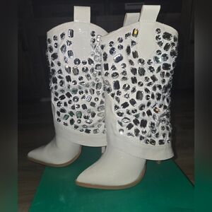 Lauren Lorraine White Crystal Embellished Heeled Boots